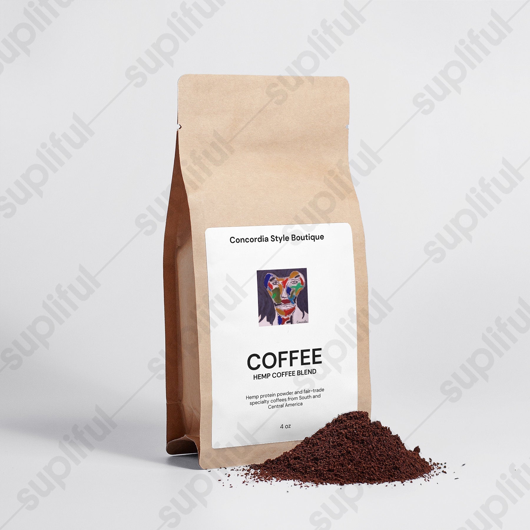 A 4 oz package of Hemp Coffee Blend - Medium Roast featuring organic hemp protein, showcasing its earthy and nutty flavor profile.