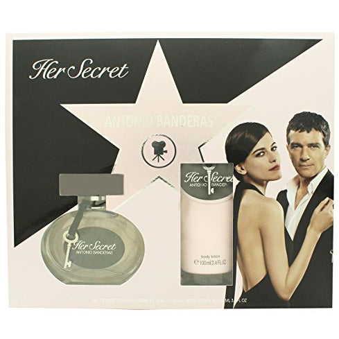 Antonio Banderas Her Secret Gift Set featuring a 50ml EDT bottle and a 100ml body lotion, elegantly packaged for gifting.