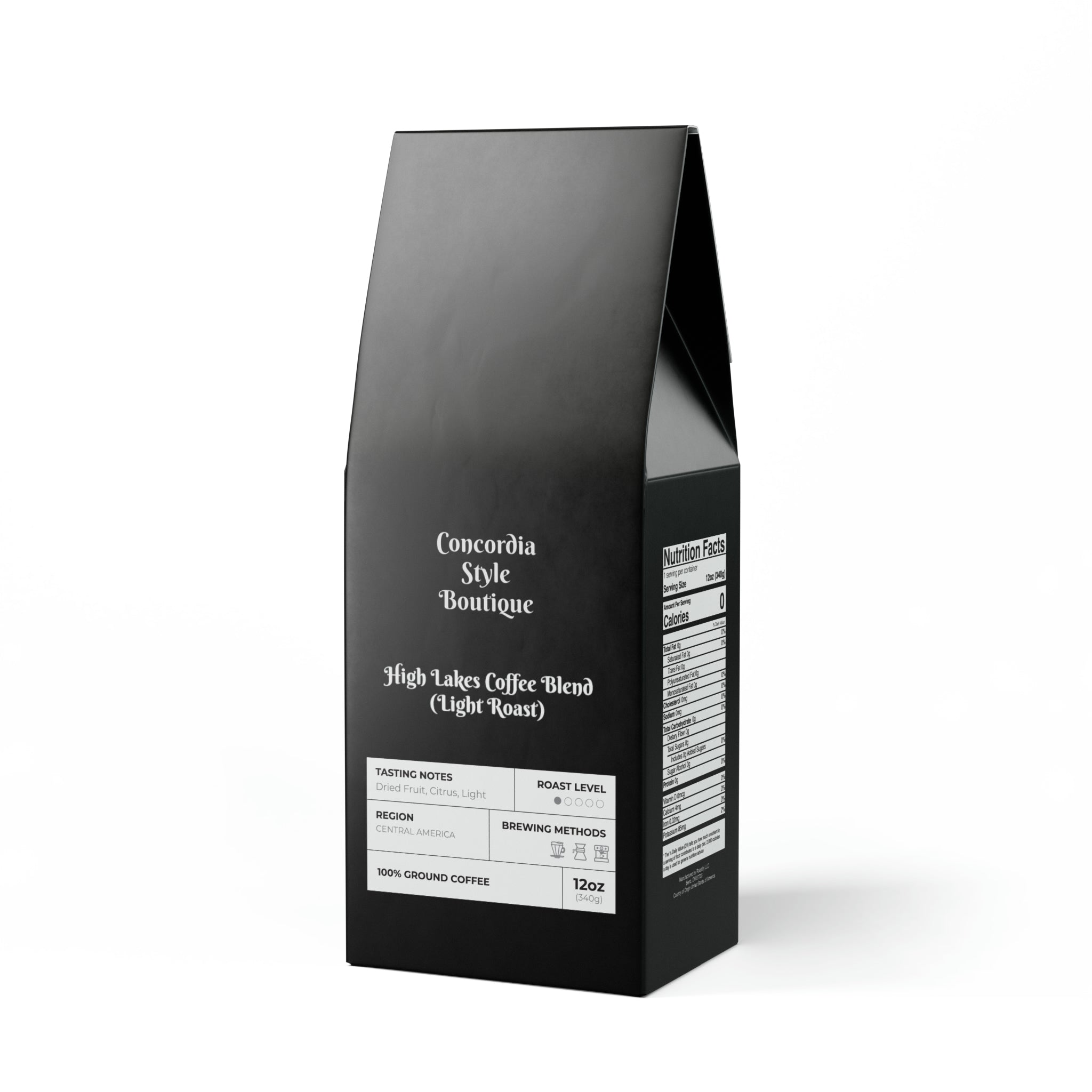 High Lakes Coffee Blend light roast in a 12-ounce package, showcasing its vibrant branding and coffee beans.