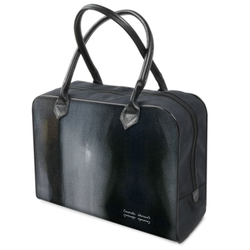 A stylish designer holdall featuring twin zips, rolled leather handles, and a unique printed design on both sides.