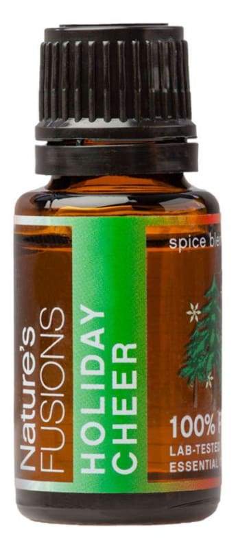 A 15ml bottle of Holiday Cheer essential oil featuring a warm, festive label with holiday-themed graphics.