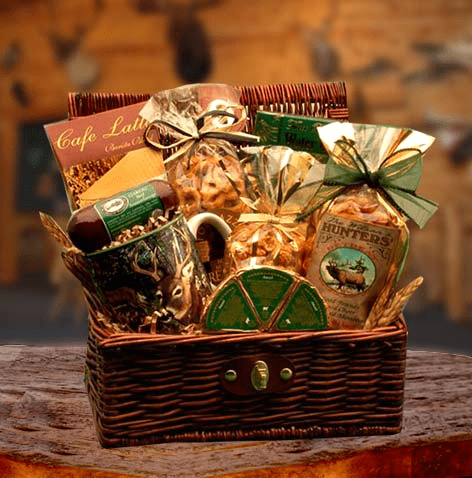 Hunters Retreat Gift Chest featuring gourmet snacks and hunting-themed accessories in a dark stain hamper.
