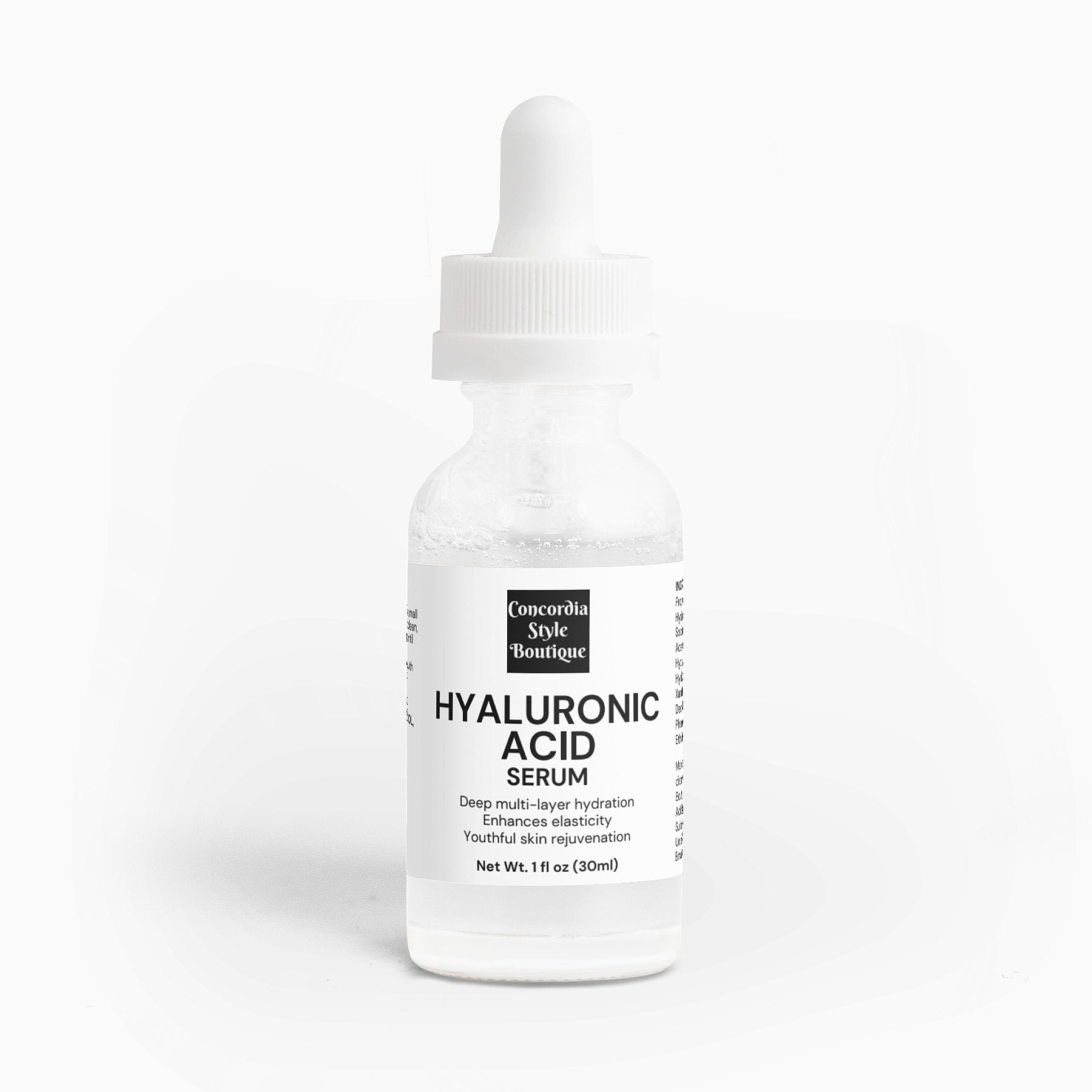 Hyaluronic Acid Serum bottle showcasing its hydrating properties and ingredients.