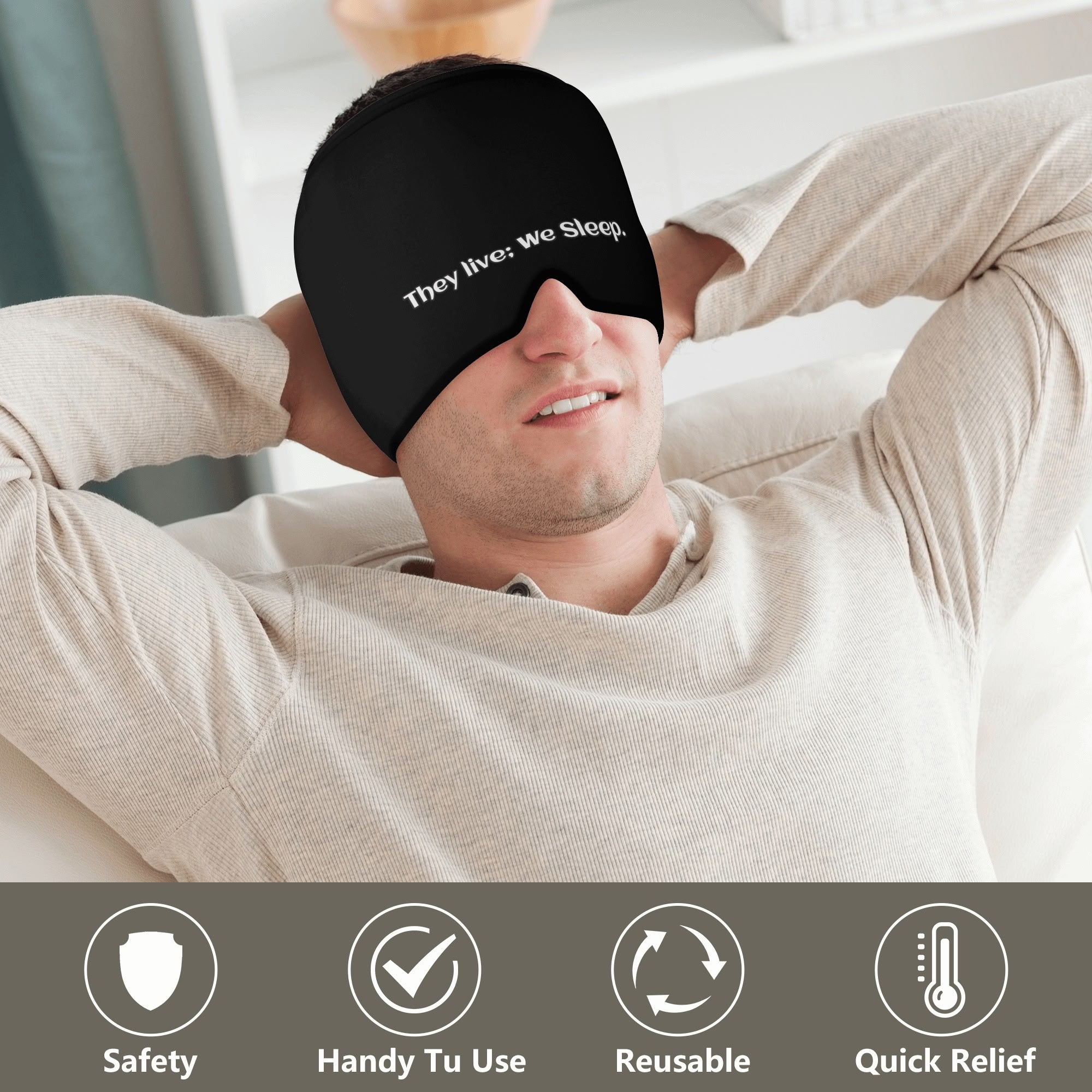 Ice Head Wrap featuring a stylish design with adjustable velcro, made from stretchable polyester for migraine relief.