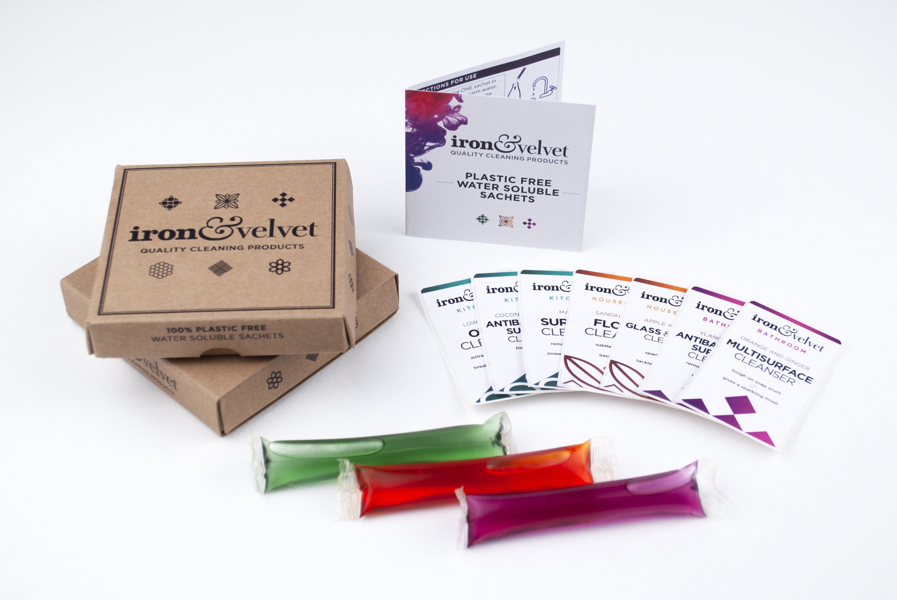 Iron and Velvet mixed pack of water soluble cleaning products featuring five unique cleaners in vibrant packaging.
