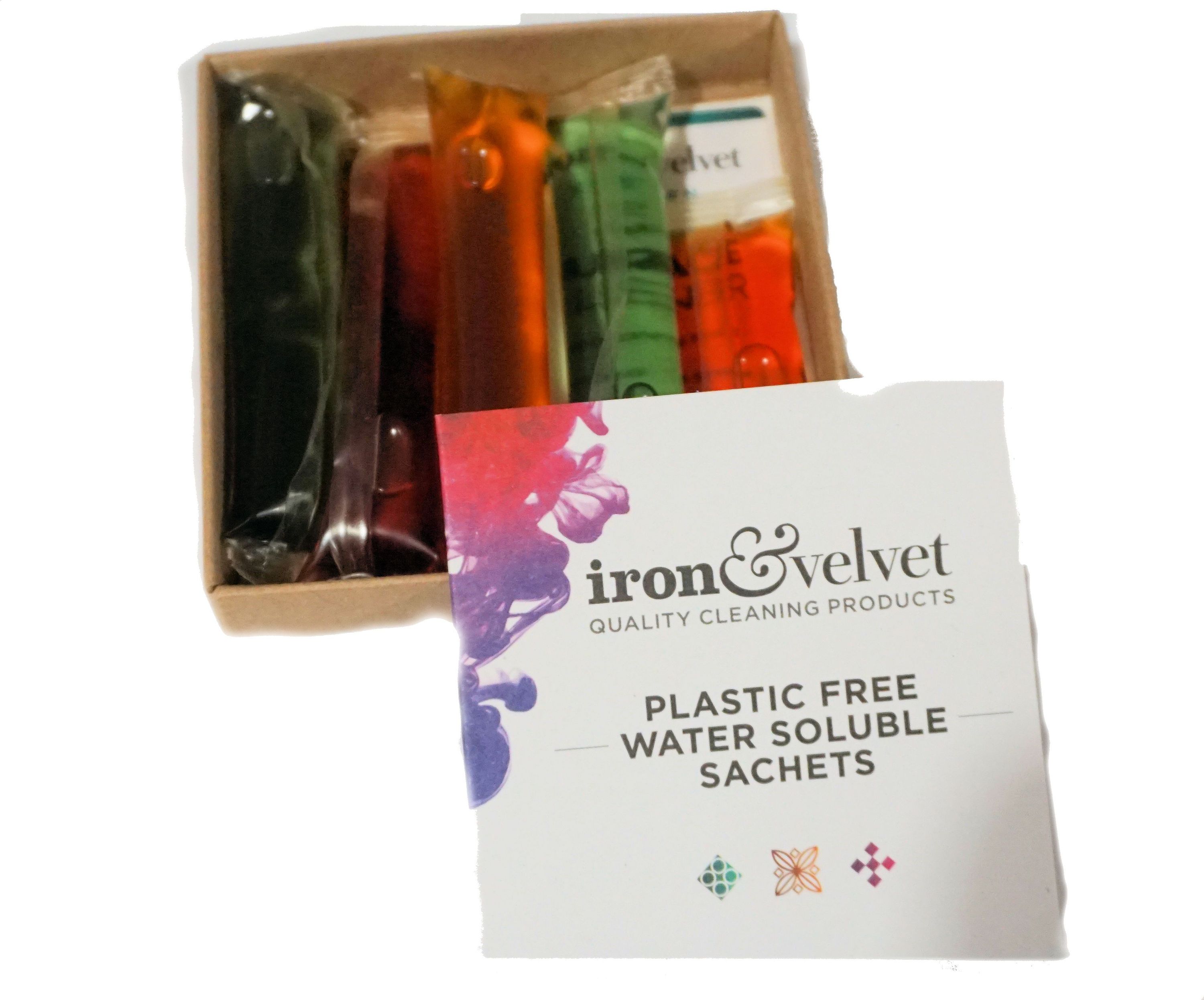 Iron and Velvet mixed pack of water soluble cleaning products featuring five unique cleaners in vibrant packaging.