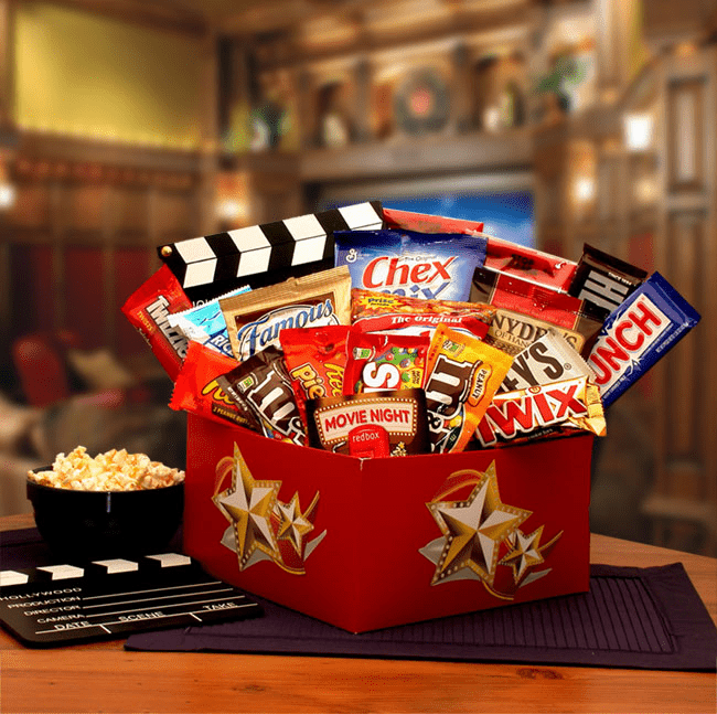 It's A Red Box Night Gift Box featuring a Red Box Gift Card and assorted movie snacks, beautifully packaged with a movie reel bow.