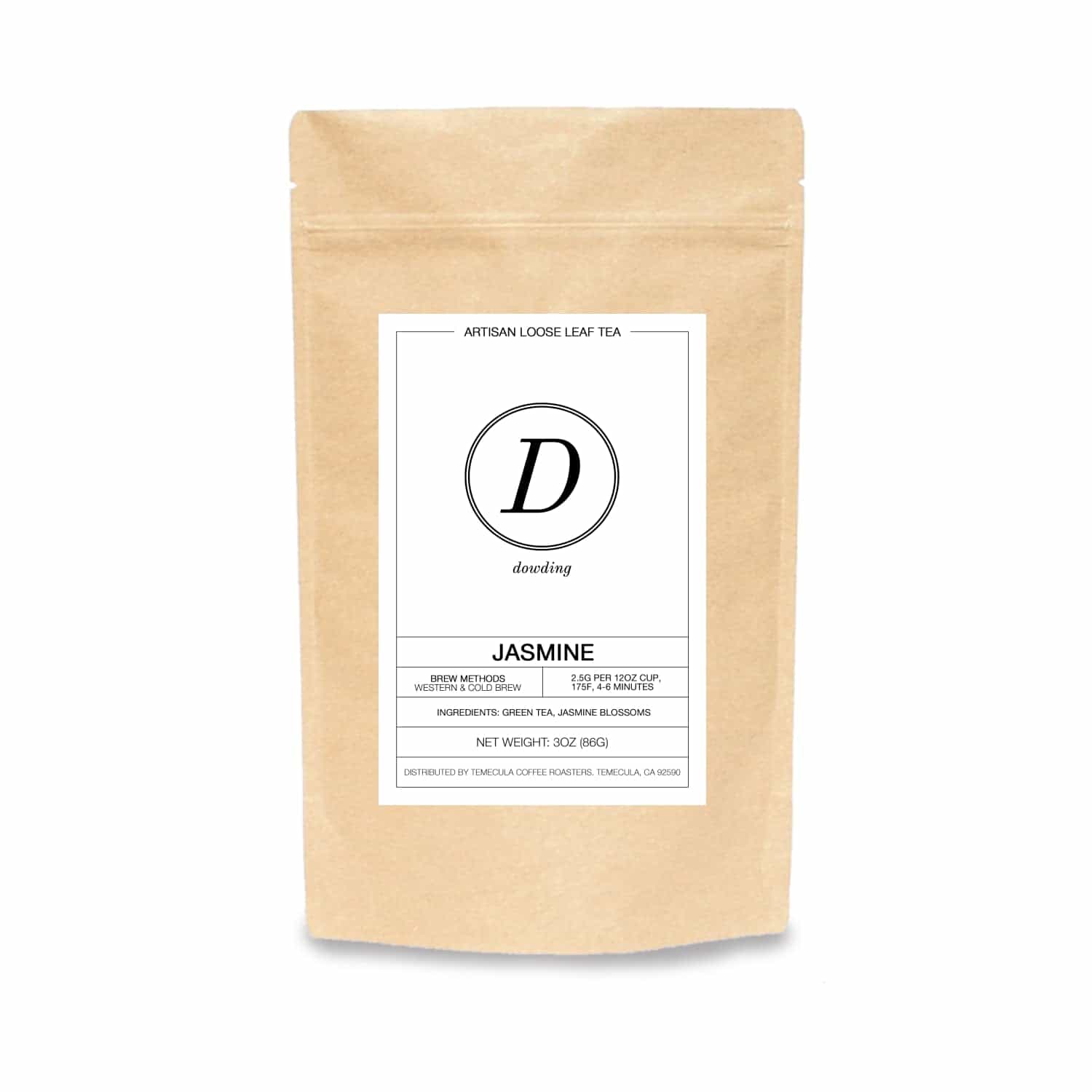 A cup of Jasmine Tea with jasmine blossoms and green tea leaves, showcasing its delicate floral aroma and vibrant color.