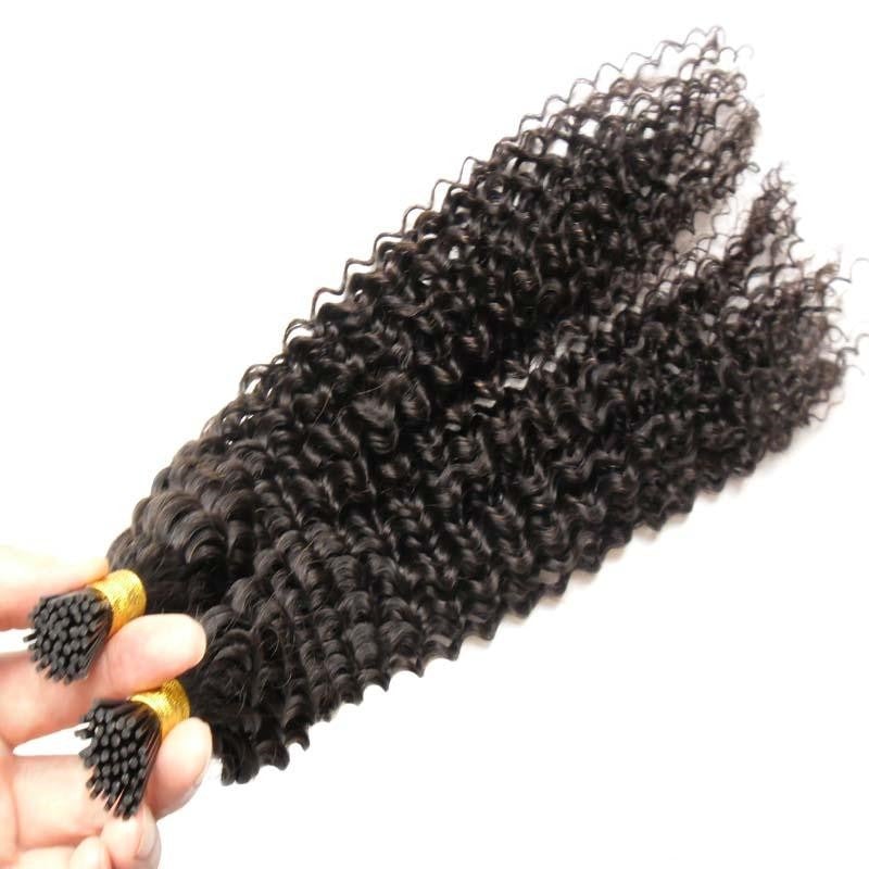 Jerry Curl Human Hair i Tip Microlinks Bulk Braiding Bundle showcasing natural black curls, ideal for braiding and styling.