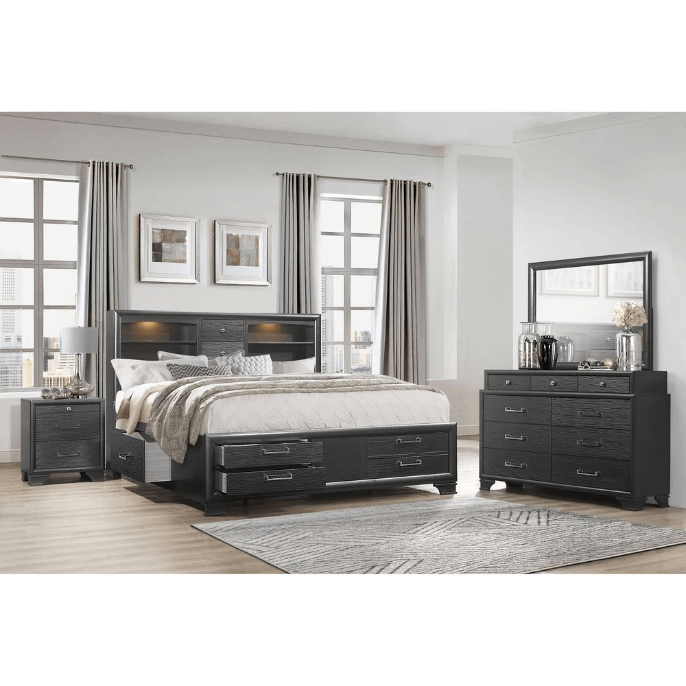 Jordyn Grey Full Bed Group featuring a sleek platform design with built-in lighting and storage drawers.