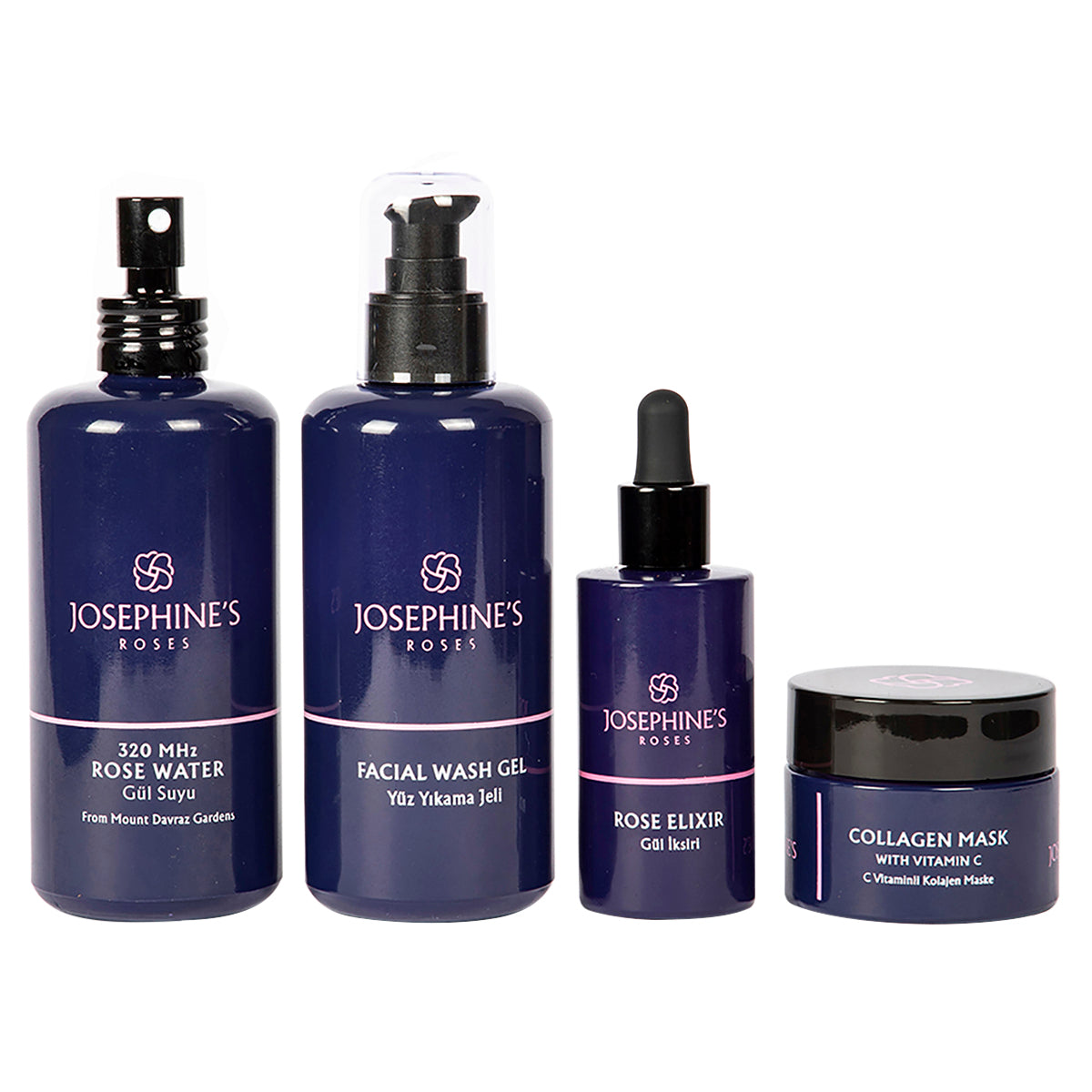 Josephine's Roses Hautpflegeset mit Anti-Aging-Gesichtsserum, Gesichtswasser, Kollagenmaske und Rosenwasser-Spray, ideal für gesunde Haut.