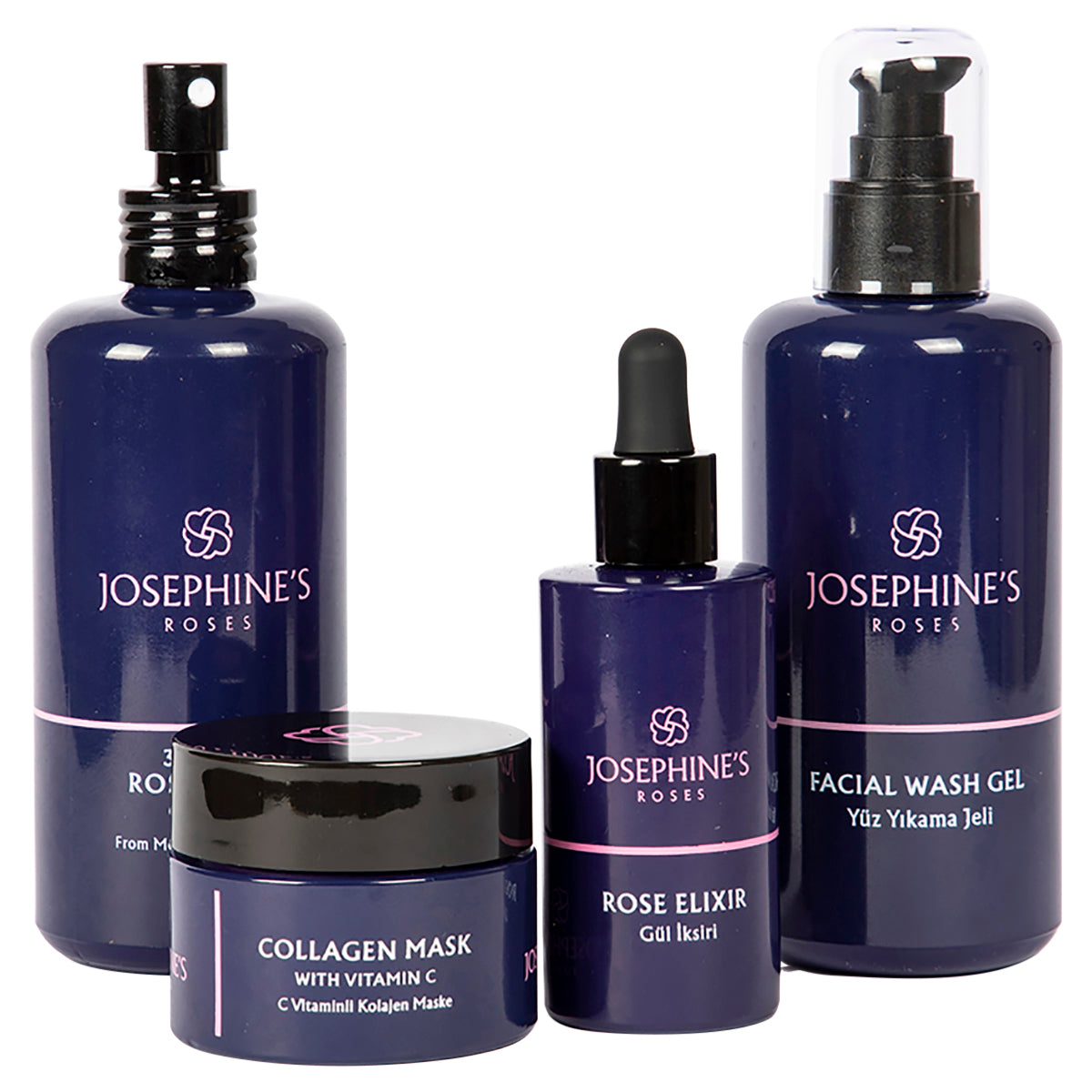 Josephine's Roses Hautpflegeset mit Anti-Aging-Gesichtsserum, Gesichtswasser, Kollagenmaske und Rosenwasser-Spray, ideal für gesunde Haut.