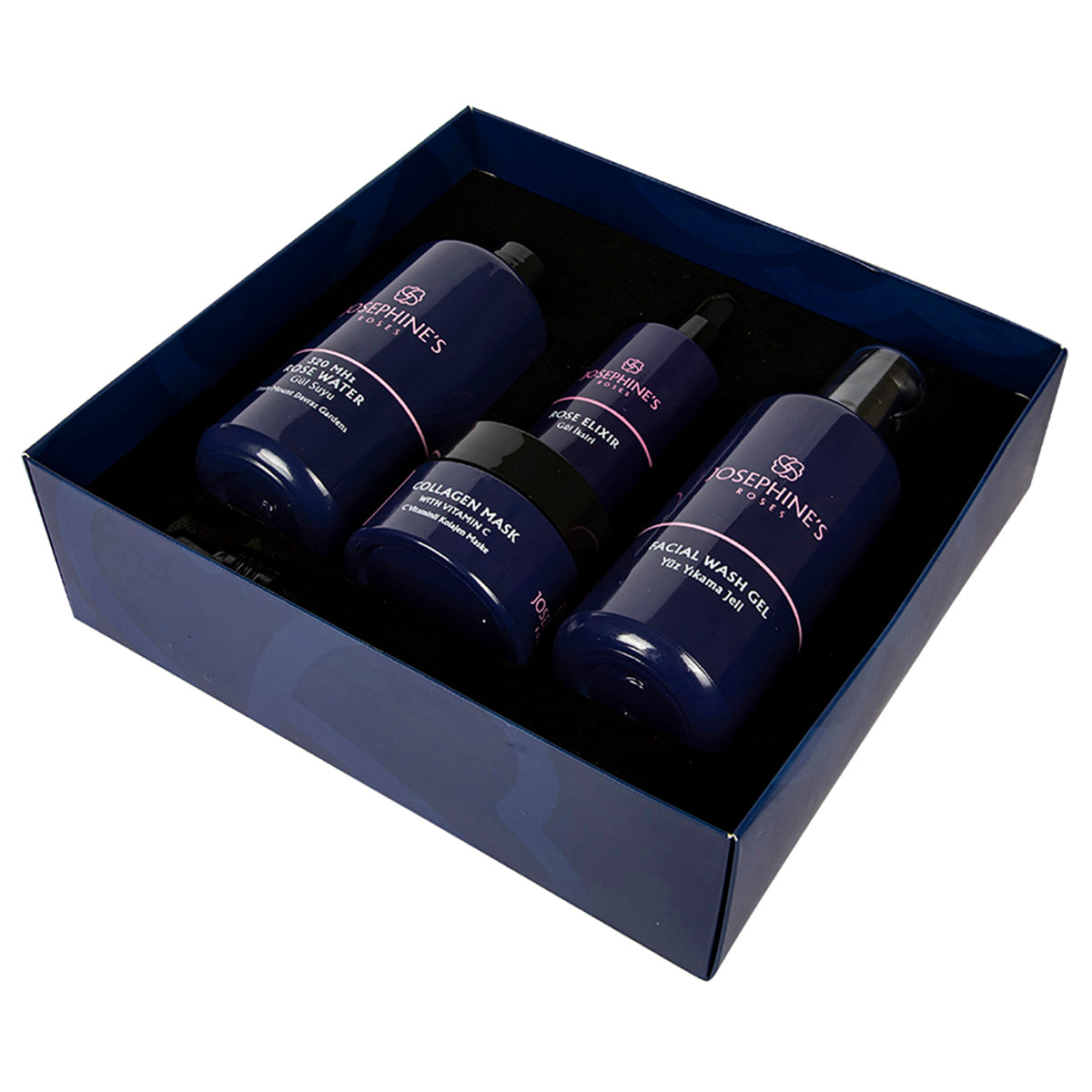 Josephine's Roses Hautpflegeset mit Anti-Aging-Gesichtsserum, Gesichtswasser, Kollagenmaske und Rosenwasser-Spray, ideal für gesunde Haut.