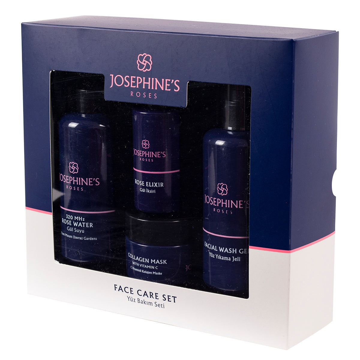 Josephine's Roses Hautpflegeset mit Anti-Aging-Gesichtsserum, Gesichtswasser, Kollagenmaske und Rosenwasser-Spray, ideal für gesunde Haut.