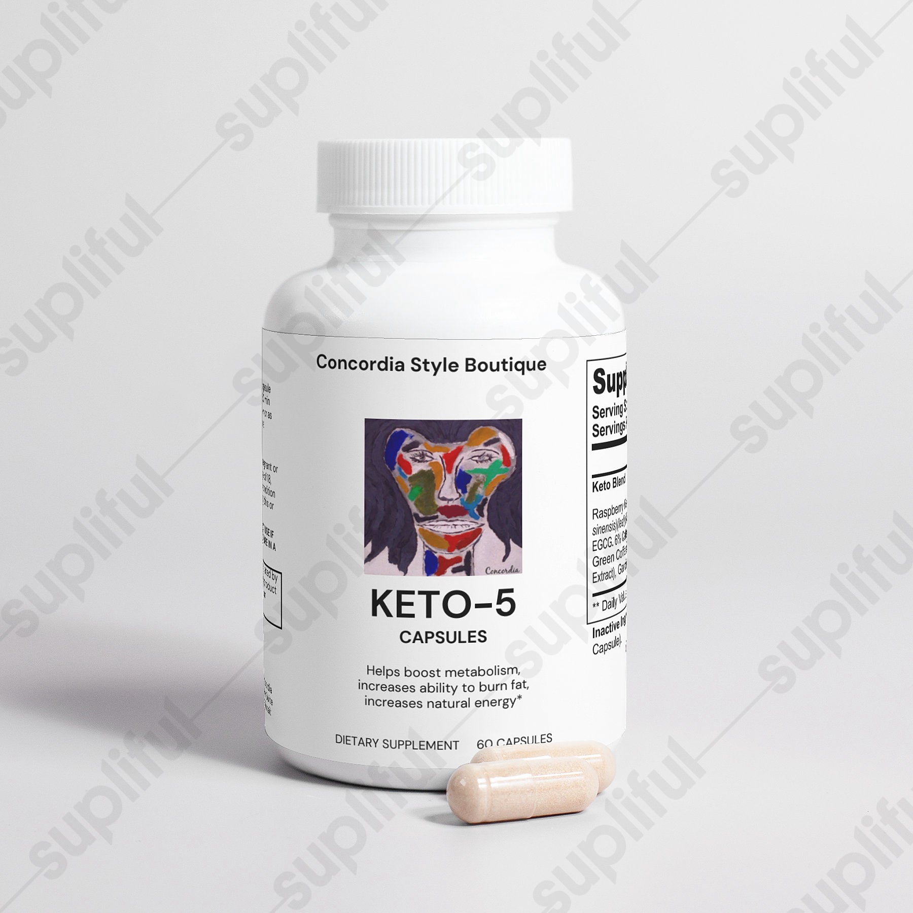 Keto-5 dietary supplement capsules with natural ingredients for effective fat burning.