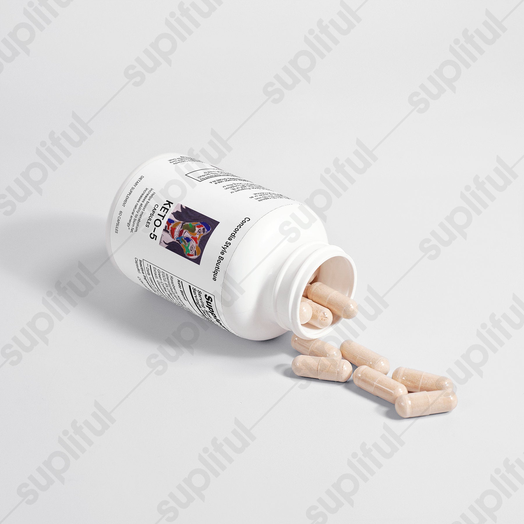 Keto-5 dietary supplement capsules with natural ingredients for effective fat burning.