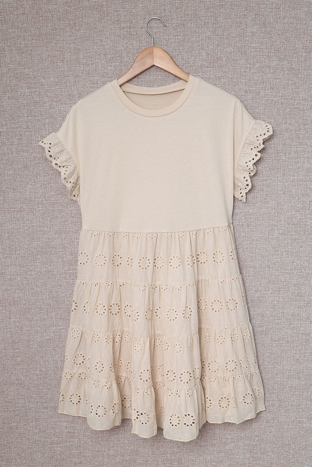 Khaki Eyelet Pattern Tiered Short Dress featuring a soft fabric, crew neck, and tiered skirt design.