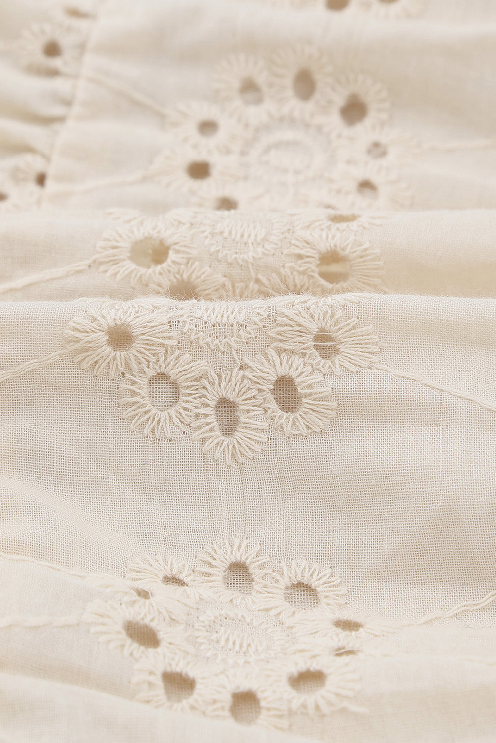 Khaki Eyelet Pattern Tiered Short Dress featuring a soft fabric, crew neck, and tiered skirt design.