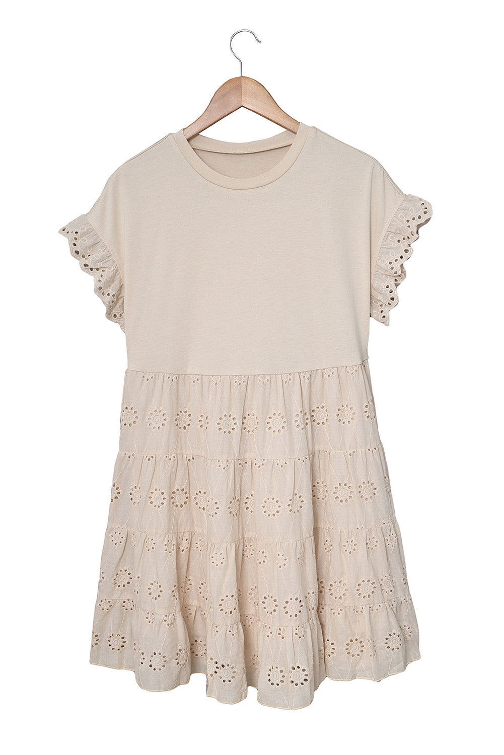 Khaki Eyelet Pattern Tiered Short Dress featuring a soft fabric, crew neck, and tiered skirt design.