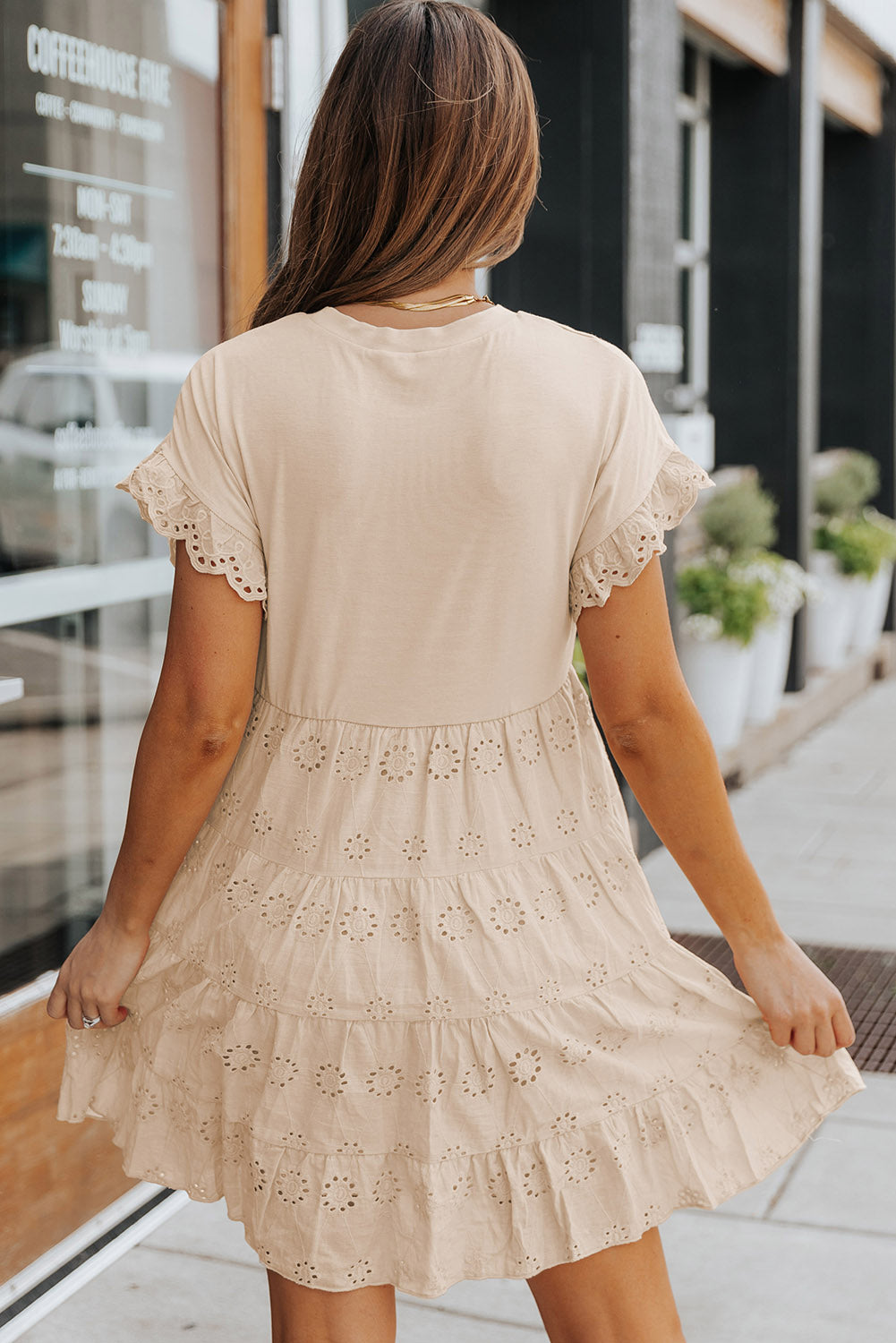 Khaki Eyelet Pattern Tiered Short Dress featuring a soft fabric, crew neck, and tiered skirt design.