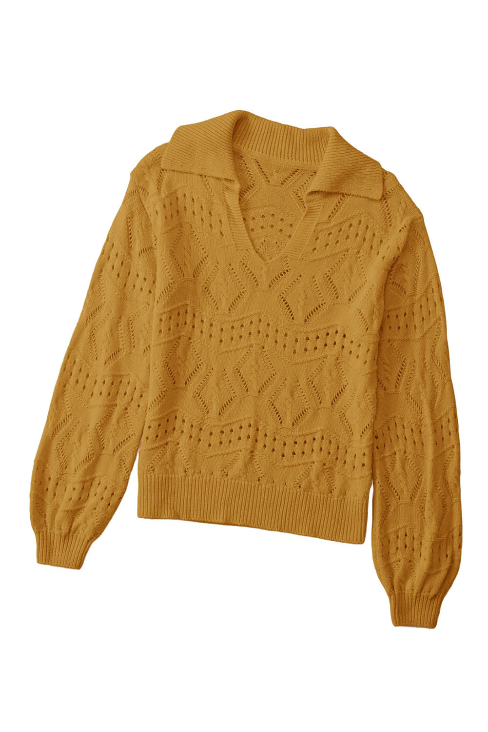 Khaki Hollowed Pattern Knit V Neck Collared Sweater showcasing unique design and high-quality knit fabric.