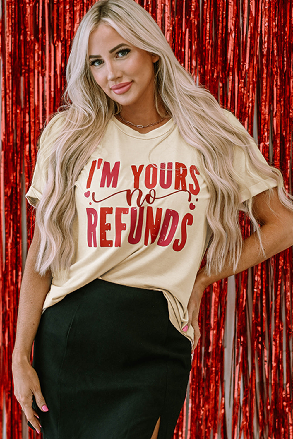 Khaki I'm Yours No Refunds Crew Neck Graphic Tee with bold love statement print and short sleeves.
