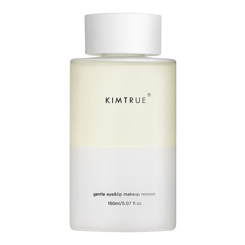 KIMTRUE Gentle Eye & Lip Makeup Remover 150ml bottle with a refreshing design, showcasing its gentle cleansing properties for sensitive skin.