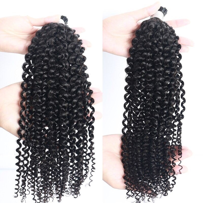 Kinky Curly Human Hair i Tip Microlinks in natural black color, showcasing its beautiful texture and quality for braiding.