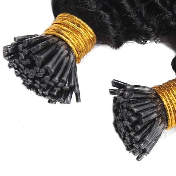 Kinky Curly Human Hair i Tip Microlinks in natural black color, showcasing its beautiful texture and quality for braiding.