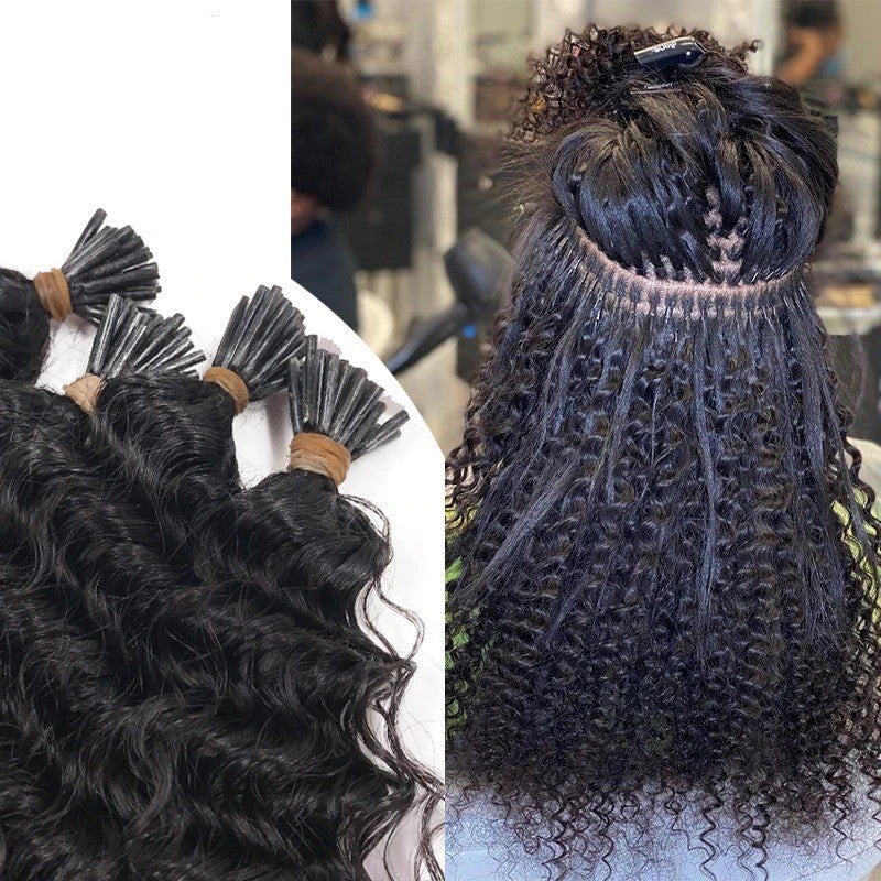 Kinky Curly Human Hair i Tip Microlinks in natural black color, showcasing its beautiful texture and quality for braiding.