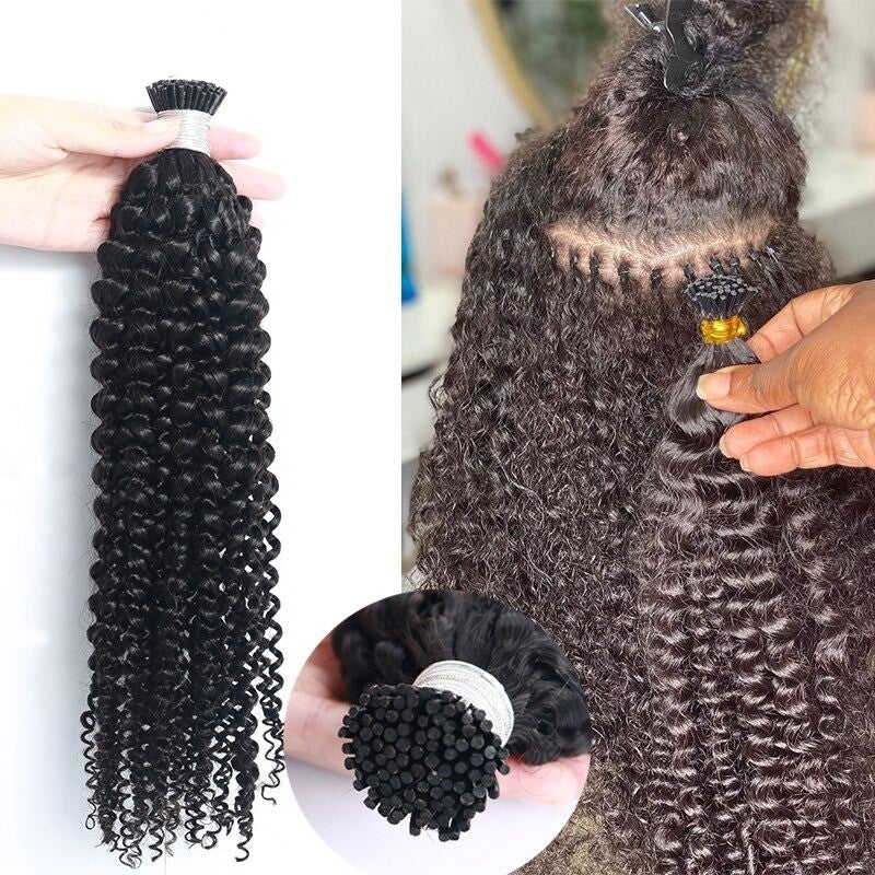 Kinky Curly Human Hair i Tip Microlinks in natural black color, showcasing its beautiful texture and quality for braiding.