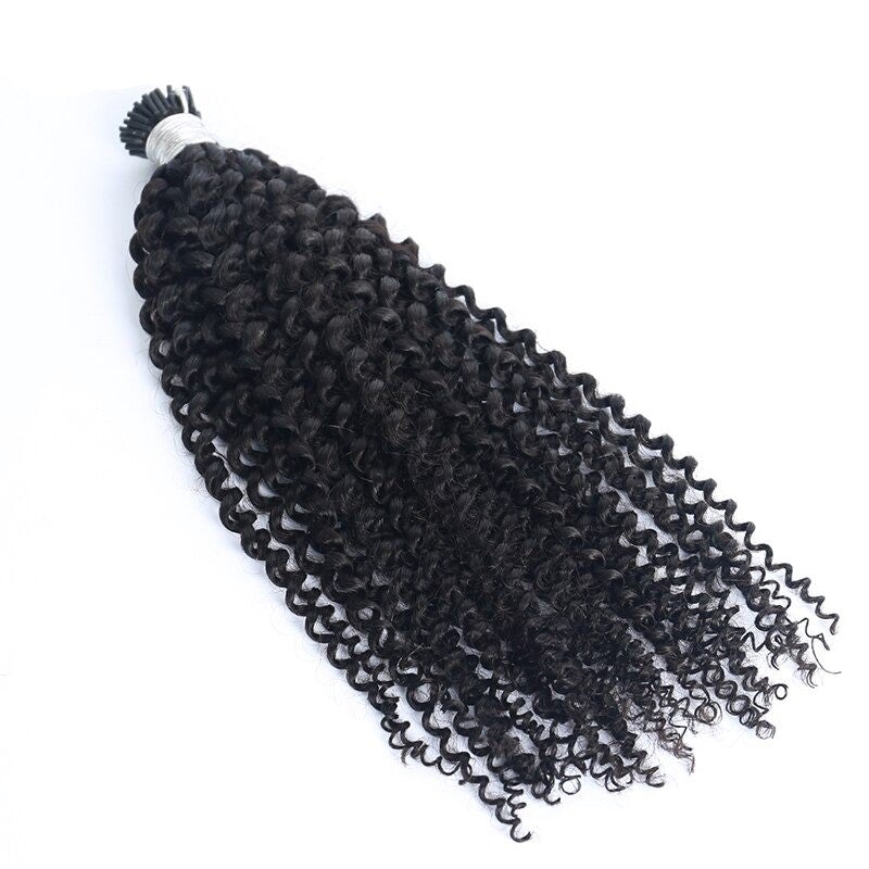 Kinky Curly Human Hair i Tip Microlinks in natural black color, showcasing its beautiful texture and quality for braiding.