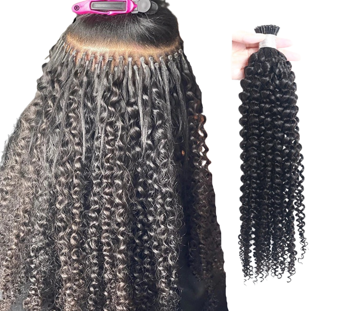 Kinky Curly Human Hair i Tip Microlinks in natural black color, showcasing its beautiful texture and quality for braiding.