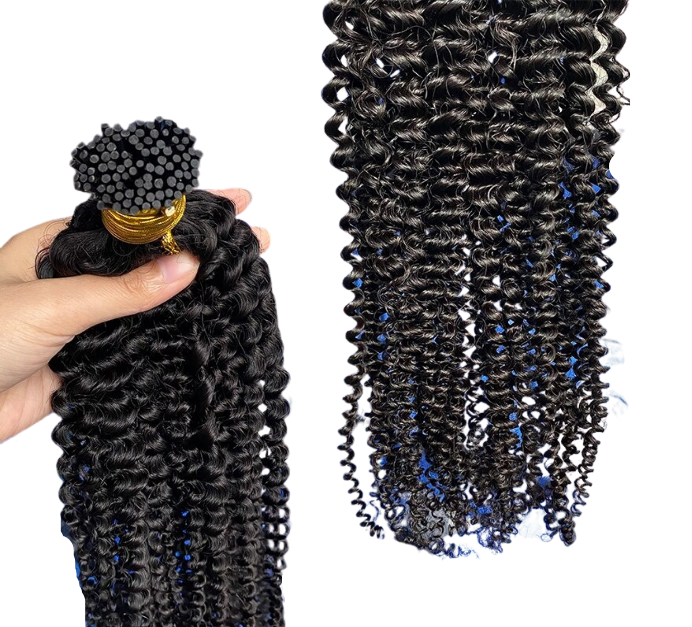 Kinky Curly Human Hair i Tip Microlinks in natural black color, showcasing its beautiful texture and quality for braiding.