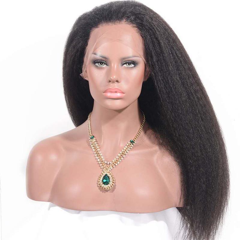 Kinky Straight 13x6 Transparent Lace Frontal Brazilian Human Hair Wig displayed on a mannequin, showcasing its natural texture and realistic hairline.