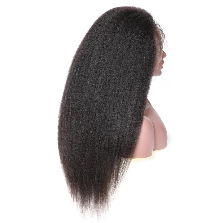 Kinky Straight 13x6 Transparent Lace Frontal Brazilian Human Hair Wig displayed on a mannequin, showcasing its natural texture and realistic hairline.