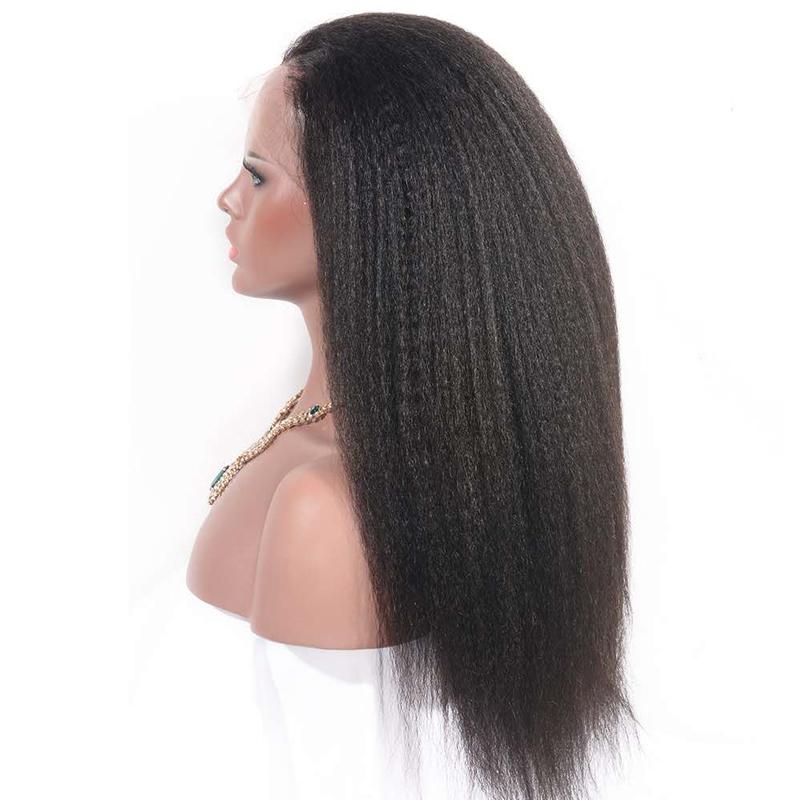 Kinky Straight 13x6 Transparent Lace Frontal Brazilian Human Hair Wig displayed on a mannequin, showcasing its natural texture and realistic hairline.