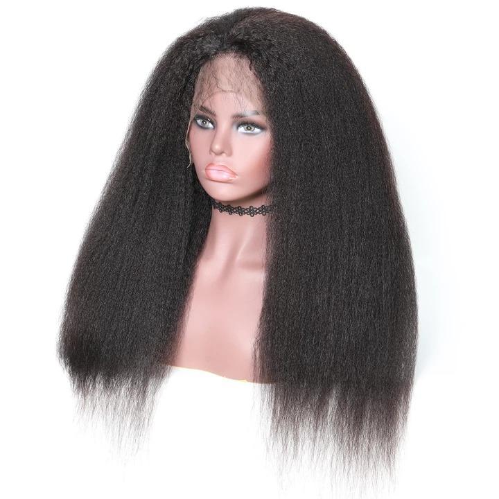 Kinky Straight 13x6 Transparent Lace Frontal Brazilian Human Hair Wig displayed on a mannequin, showcasing its natural texture and realistic hairline.