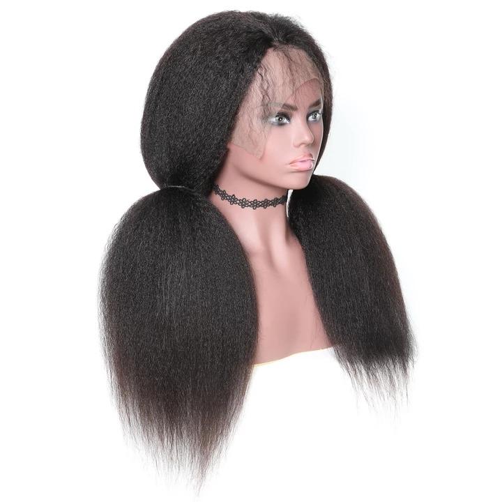 Kinky Straight 13x6 Transparent Lace Frontal Brazilian Human Hair Wig displayed on a mannequin, showcasing its natural texture and realistic hairline.