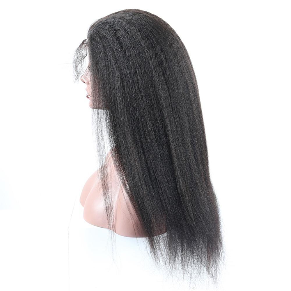 Kinky Straight 13x6 Transparent Lace Frontal Brazilian Human Hair Wig displayed on a mannequin, showcasing its natural texture and realistic hairline.
