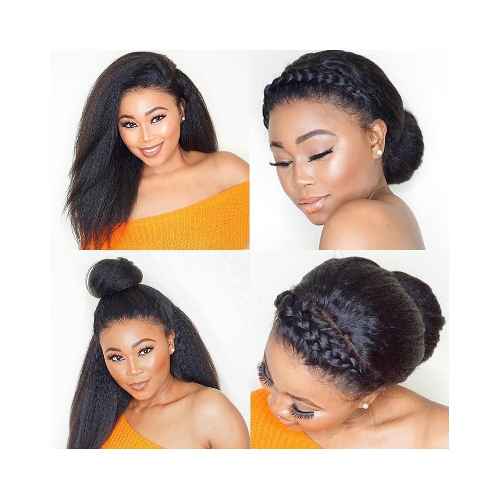 Kinky Straight 13x6 Transparent Lace Frontal Brazilian Human Hair Wig displayed on a mannequin, showcasing its natural texture and realistic hairline.