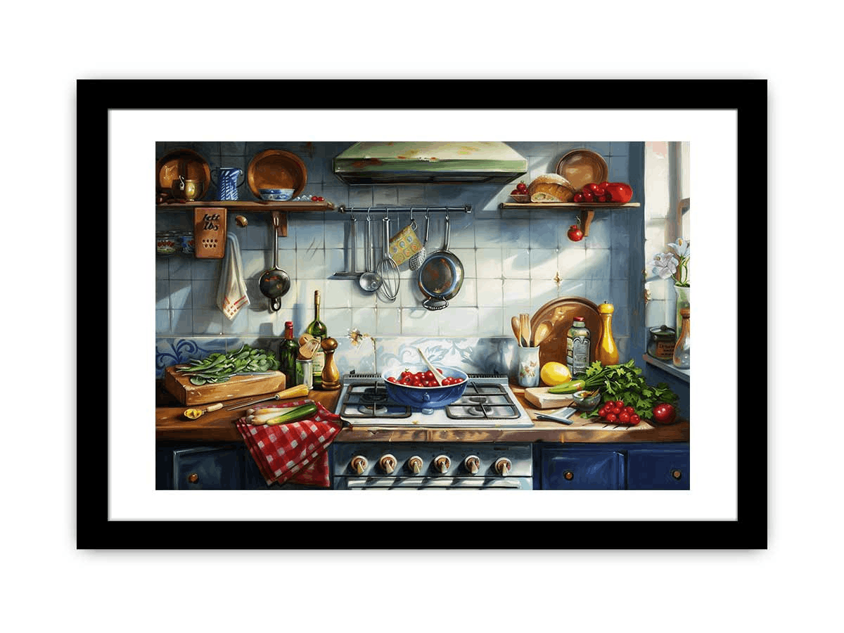 A beautifully framed kitchen print featuring vibrant colors and high-resolution artwork, displayed in a matte black or white frame.