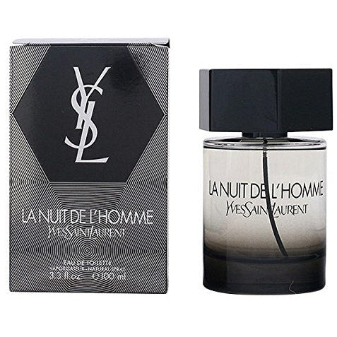 Yves Saint Laurent La Nuit de L'Homme Eau de Toilette in a sleek dark glass bottle, showcasing its elegant design.