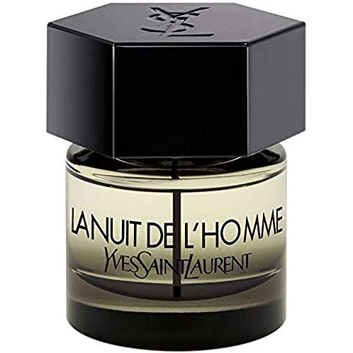 Yves Saint Laurent La Nuit de L'Homme Eau de Toilette in a sleek dark glass bottle, showcasing its elegant design.