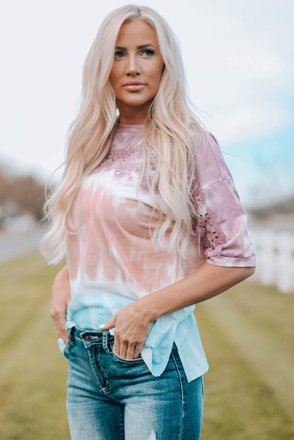Lace Stitching Tie-dye Short Sleeve T Shirt featuring delicate lace details and a vibrant tie-dye pattern.