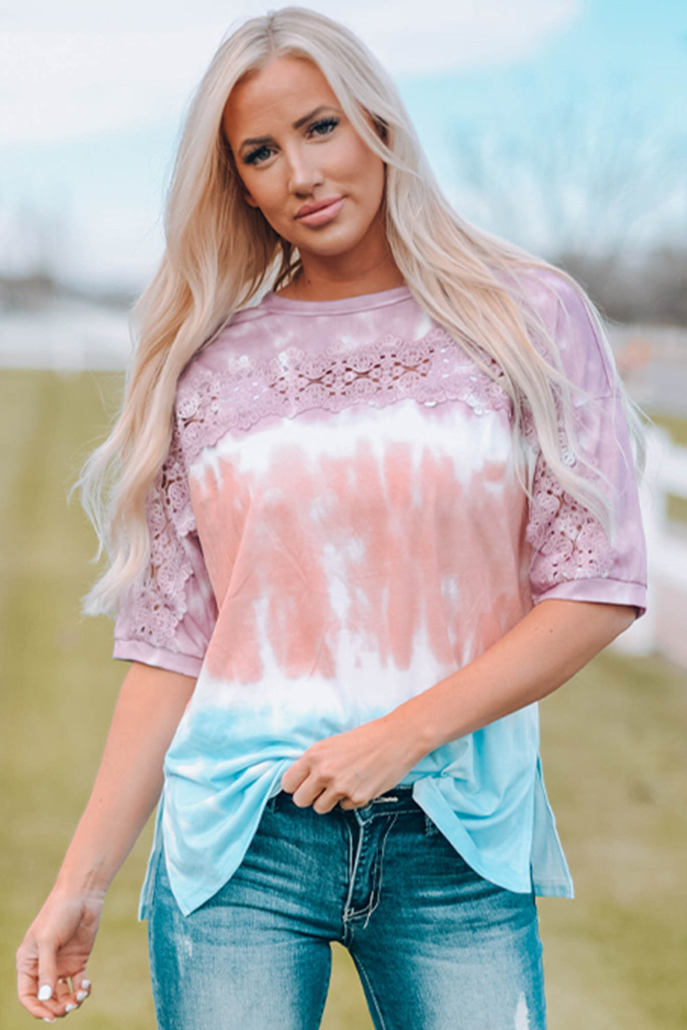 Lace Stitching Tie-dye Short Sleeve T Shirt featuring delicate lace details and a vibrant tie-dye pattern.