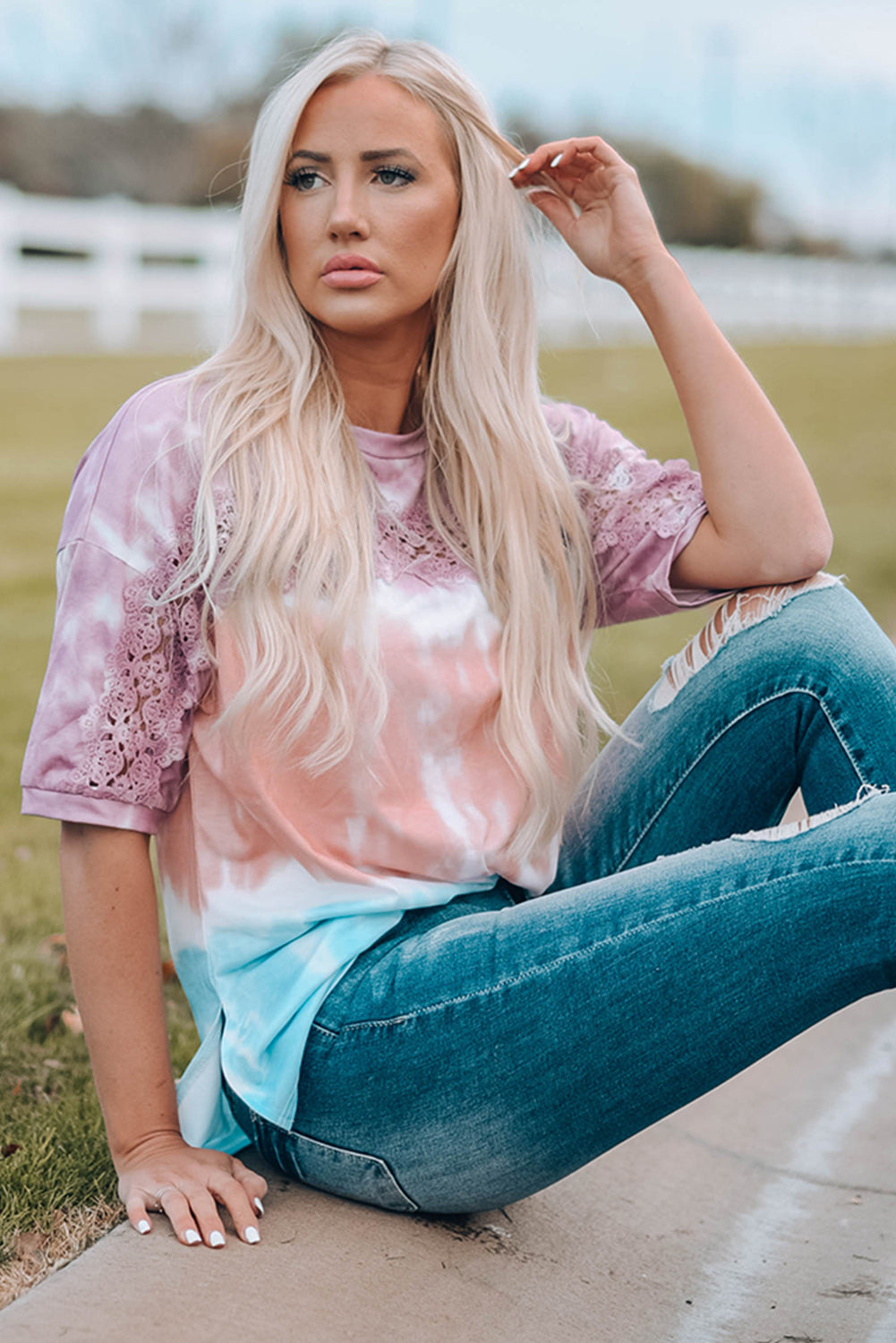 Lace Stitching Tie-dye Short Sleeve T Shirt featuring delicate lace details and a vibrant tie-dye pattern.