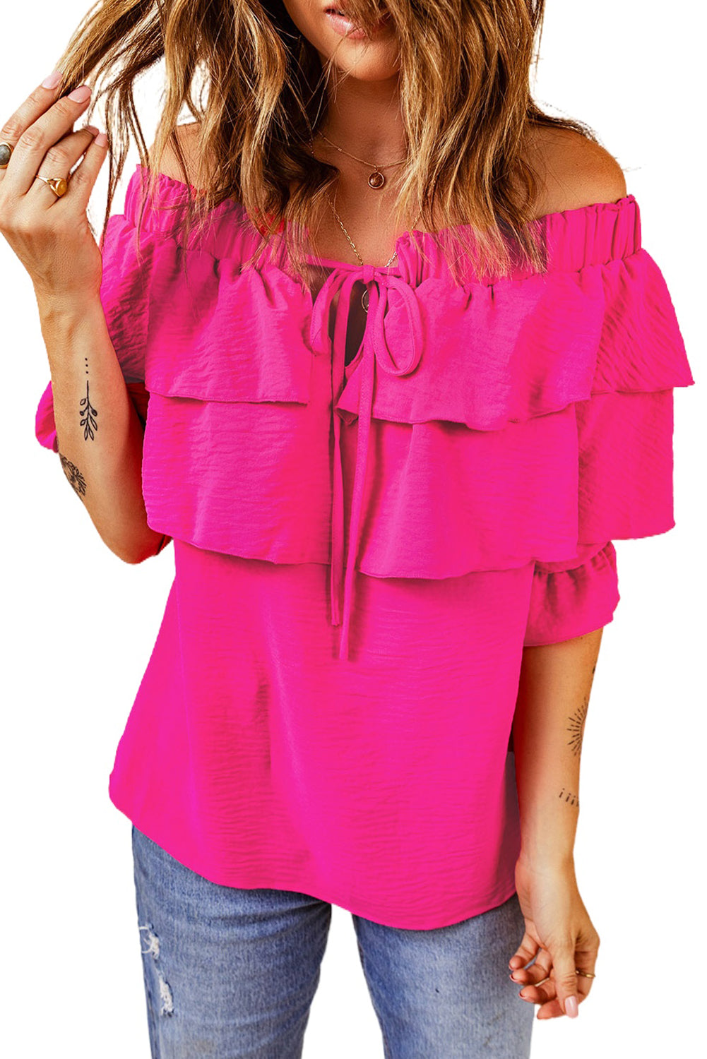 A stylish Lace Up Off Shoulder Ruffle Tiered Blouse featuring ruffles and a chic off-shoulder design, perfect for various occasions.