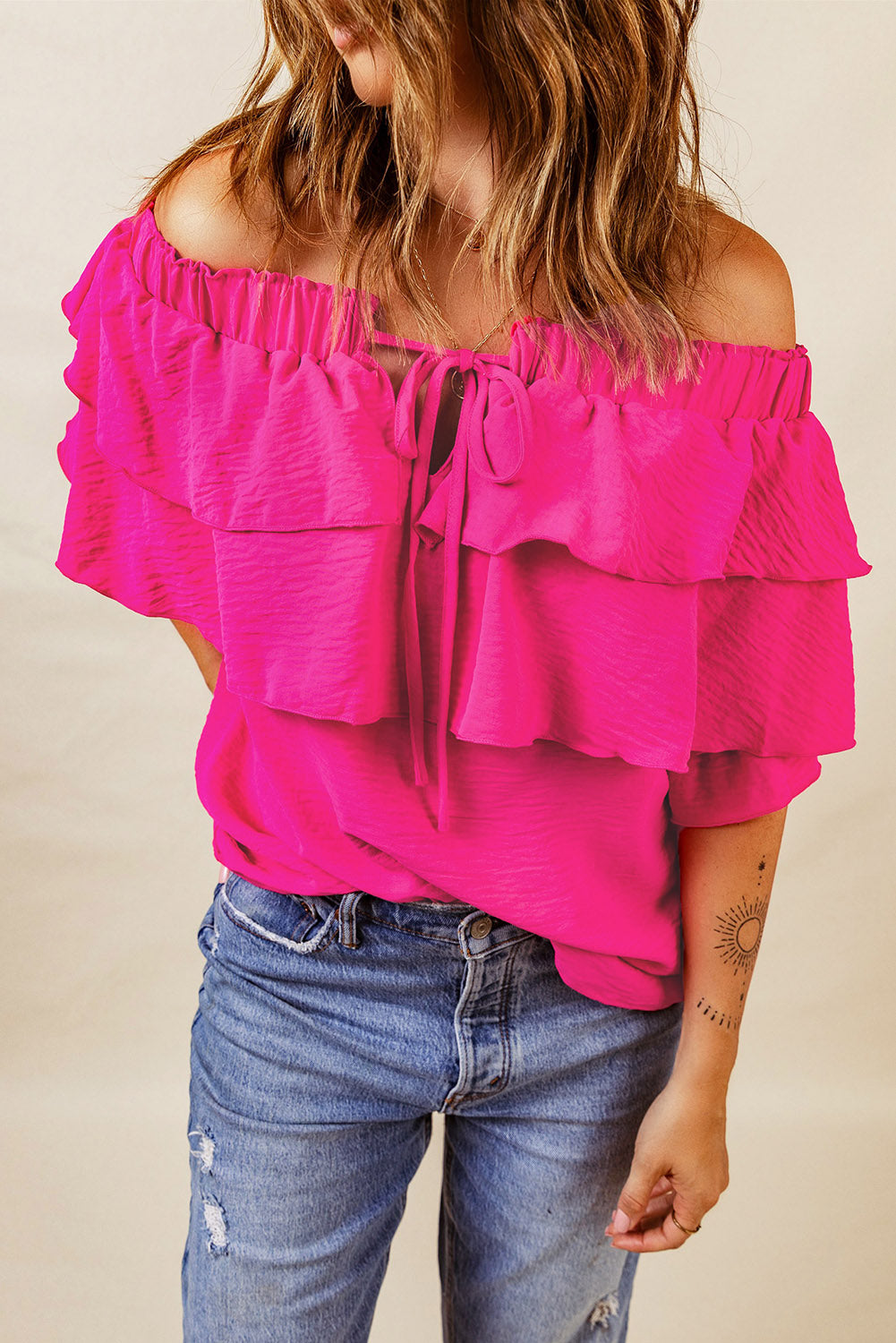 A stylish Lace Up Off Shoulder Ruffle Tiered Blouse featuring ruffles and a chic off-shoulder design, perfect for various occasions.