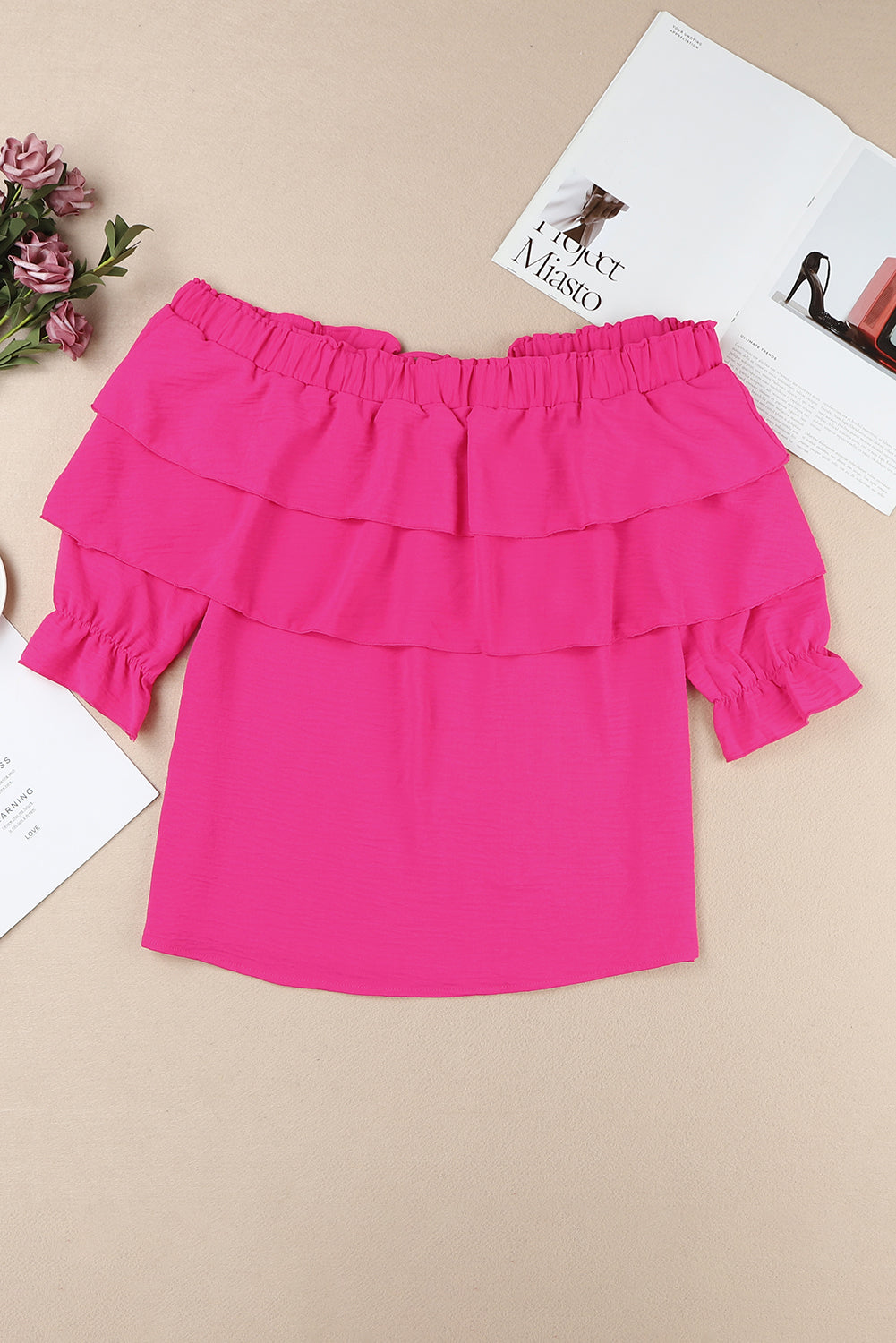 A stylish Lace Up Off Shoulder Ruffle Tiered Blouse featuring ruffles and a chic off-shoulder design, perfect for various occasions.